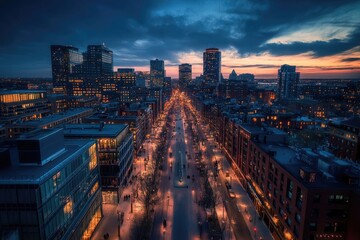 Obraz premium City street at twilight, illuminated by lights. 
