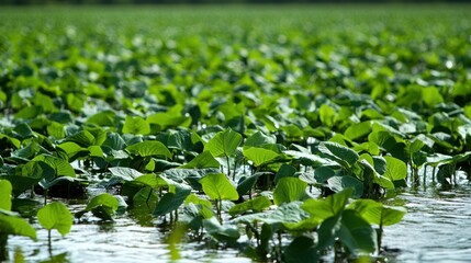 A lush green field of water chestnuts, with a mix of green and brown leaves, partially submerged in water.