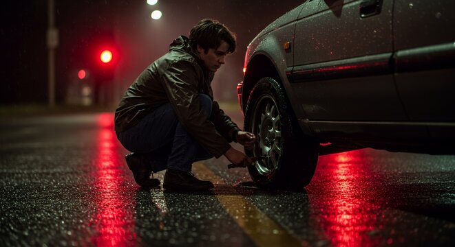 Solitary man kneels beside his car on a rain-slicked road at night, illuminated by red traffic lights, working diligently to fix a flat tire.