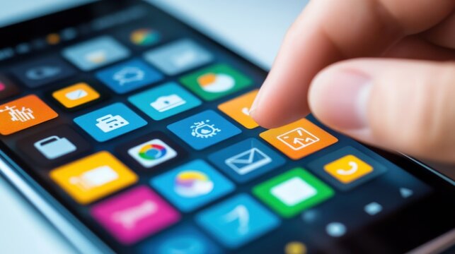 Hand touching mobile phone app icons