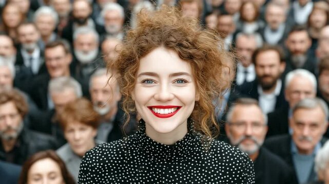 A young curly-haired woman with bright red lipstick smiles brightly amid a sea of serious older faces. Concept of individuality standing out from conformity.