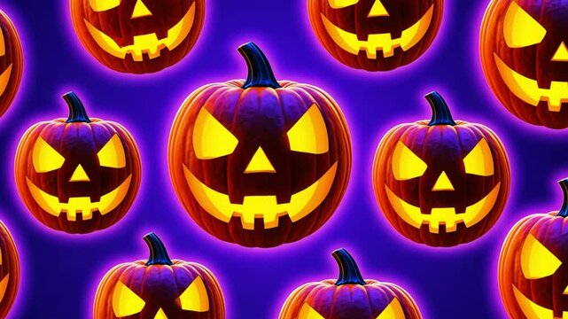 A pattern of glowing jack-o'-lanterns with carved faces against a purple background. The pumpkins are bright orange with yellow light emanating from their eyes and mouths.