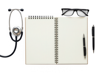 Medical notepad with stethoscope and glasses isolated on transparent background