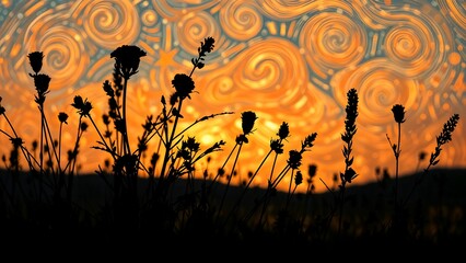 Obraz premium Orange autumn sunset landscape with art painting silhouetted circle ring clouds , flower, and grass