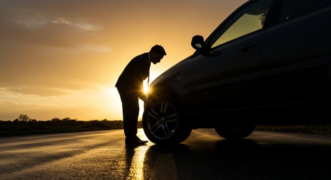 Silhouetted businessman examines a flat tire on his car during a dramatic sunset, highlighting the stress of unexpected roadside problems.
