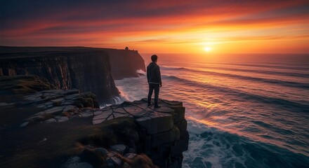 Man standing on a cliff edge overlooking the sea at sunset with a vibrant orange and red sky view