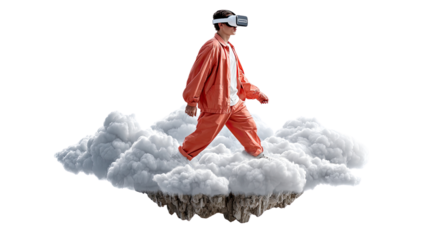 Virtual Cloud Walker: A person walks on a cloud while wearing a virtual reality headset, showcasing the seamless integration of technology and imagination.