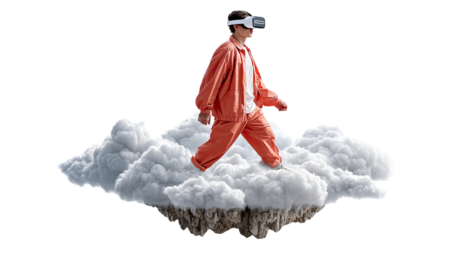 Virtual Cloud Walker: A person walks on a cloud while wearing a virtual reality headset, showcasing the seamless integration of technology and imagination.