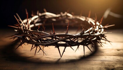 Fototapeta premium Symbolic Crown of Thorns on Wooden Table with Religious Christian Symbol.