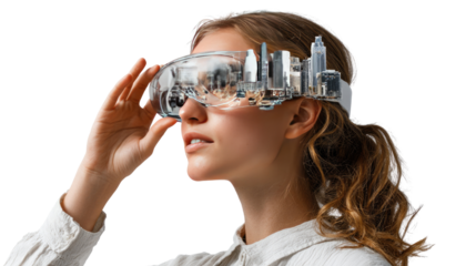 Virtual City Glimpse: A captivating glimpse into the future, showcasing a woman's exploration of a virtual city through advanced augmented reality glasses.