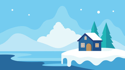 Winter Cottage Landscape Frozen River and Snow