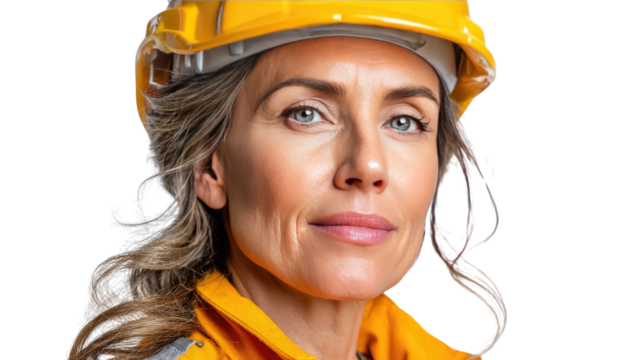 Confident Female Construction Worker: A close-up portrait of a determined female construction worker wearing a yellow safety helmet and vest. - Powered by Adobe