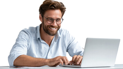 Tech-Savvy Smile: A man, engrossed in his laptop, beams with genuine happiness and focused energy, his glasses perched as he enjoys a moment of professional connection and digital engagement.