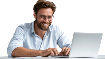 Tech-Savvy Smile: A man, engrossed in his laptop, beams with genuine happiness and focused energy, his glasses perched as he enjoys a moment of professional connection and digital engagement.