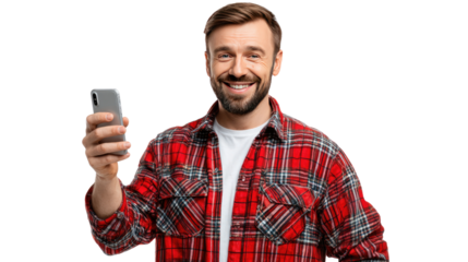 Connected Communication: A cheerful individual, beams with delight as he holds his phone. This vibrant portrait encapsulates the seamless interaction in the digital age. 