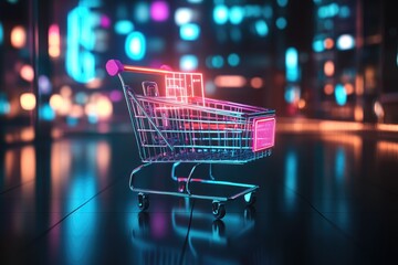 Empty shopping cart glows neon colors in a city night scene