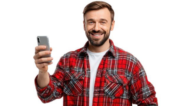 Connected Communication: A cheerful individual, beams with delight as he holds his phone. This vibrant portrait encapsulates the seamless interaction in the digital age. 