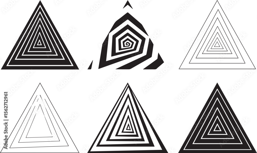 Poster six abstract geometric triangle patterns with black and white stripes and outlines creating a sense 