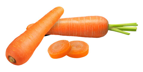 fresh carrots and carrot slices on transparent background