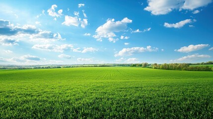 A serene, green field with a clear blue sky and scattered white clouds, featuring a lone tree in the distance.