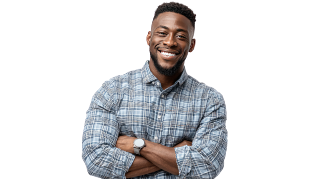 Confident and Charming: Portrait of a stylish, smiling individual with arms crossed, exuding self-assurance and charm. The image conveys approachability and friendliness.