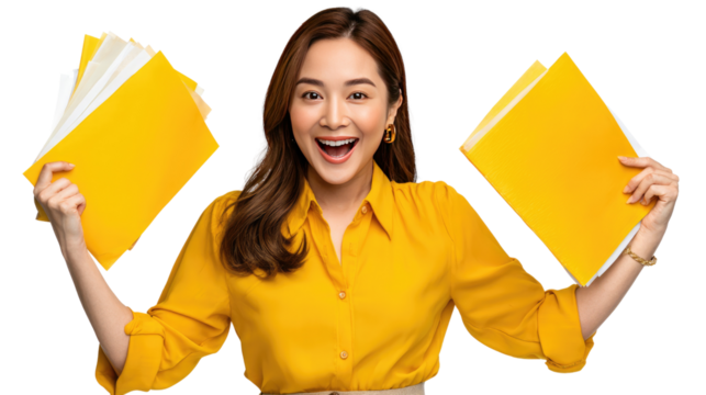 Woman Holding Yellow Folders: Joyful young woman in a yellow shirt excitedly holding up multiple yellow folders, expressing success or achievement.