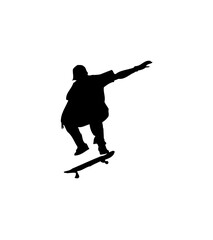 Silhouette of a skateboarder performing a trick in mid-air, wearing a cap and casual clothing.