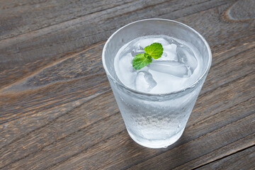 Glass of Iced Water with Mint on Wooden Table