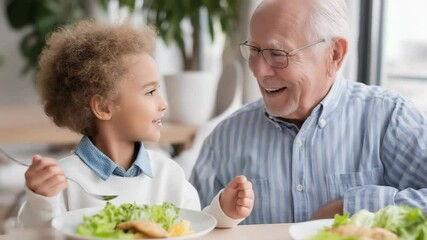 A caucasian grandfather in glasses laughs with his biracial grandson while enjoying fresh salad at the table. Concept of intergenerational healthy eating habits. - Powered by Adobe