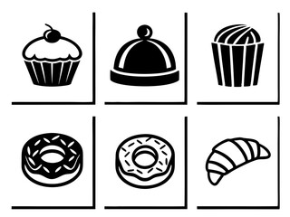 Collection of six stylized black and white icons representing baked goods and a hat