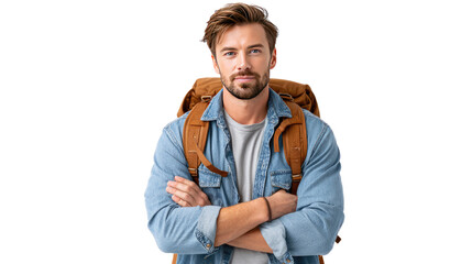 Explorer Ready: A confident man with a beard and a backpack is poised for adventure, ready to take on the world, and capture the spirit of exploration.