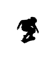 Silhouette of a snowboarder performing an aerial maneuver against white background.