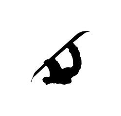 Silhouette of a snowboarder performing a trick in the air, isolated on a white background.