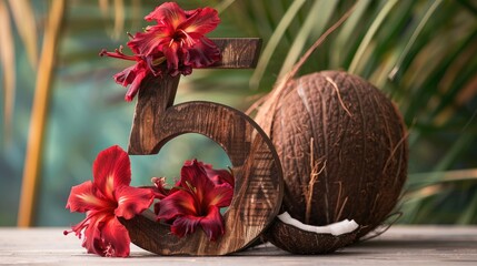 Wooden number 5 arranged with red ginger flowers and a coconut shell