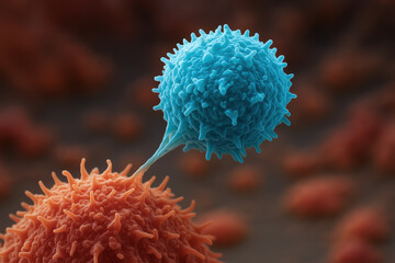 T cell attacking cancer cell in microscopic view showing immune response and cellular interaction in medical research context