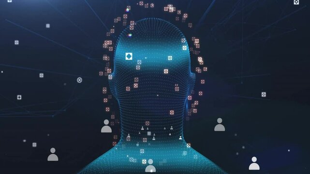 Glowing head forming and pivoting right releasing user icons, data nodes showing connectivity