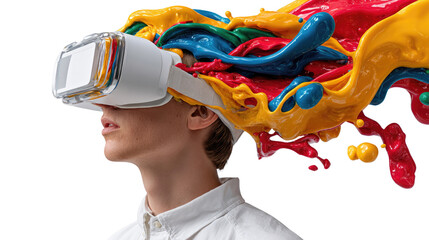 Immersive Experience: A person immersed in virtual reality, with vibrant paint bursts representing imagination and creative thought. 