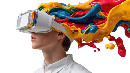 Immersive Experience: A person immersed in virtual reality, with vibrant paint bursts representing imagination and creative thought. 