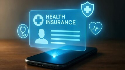 A smartphone projects a glowing blue health insurance card with medical icons above the screen. Concept of secure digital healthcare access. - Powered by Adobe