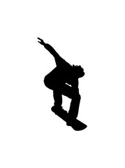Silhouette of a skateboarder performing a trick in the air, isolated on white.