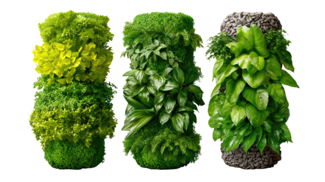 Vertical Garden Variety: A vibrant collection of unique vertical gardens, each bursting with lush, verdant foliage and diverse plant life. A sustainable and aesthetically pleasing touch for any space.