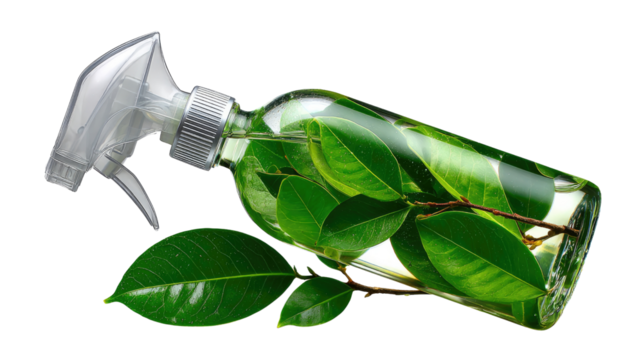 Green Cleaning Essence: An eco-friendly glass spray bottle filled with fresh leaves symbolizes natural cleaning solutions and a commitment to the environment. Capture the beauty of pure.