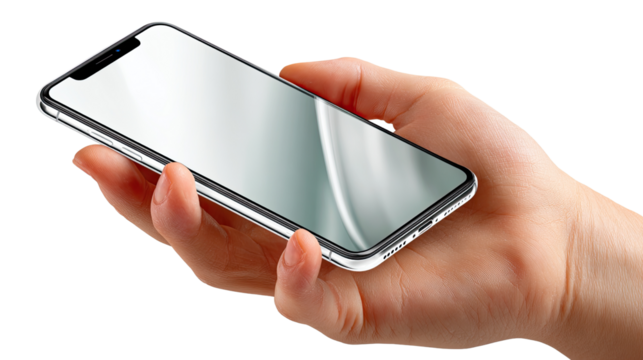 Hand and modern Smartphone: A hand gently cradles a sleek smartphone, highlighting the seamless integration of technology within our daily lives, showcasing the smooth display and elegant design.