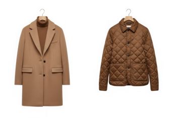 Two brown coats hanging on hangers isolated on transparent background