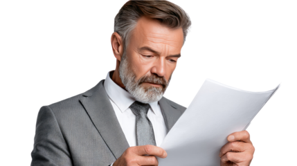 Businessman reviewing documents: A focused mature businessman meticulously reviews important documents, his expression conveying seriousness and attention to detail.