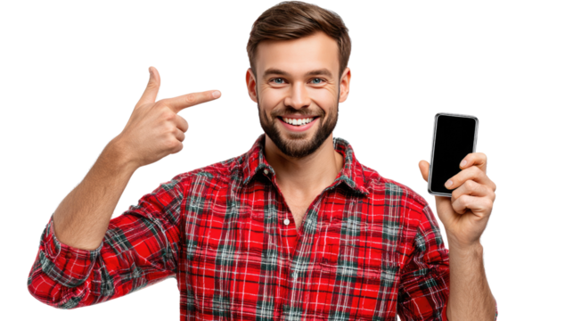 Enthusiastic man and a smart phone: A cheerful man pointing at a smart phone. Smiling and in a red plaid shirt, the man showcases technology with a cheerful attitude.