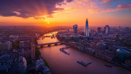 London cityscape at sunset, aerial view