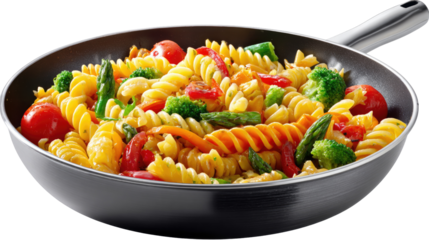 Pasta Primavera: An enticing close-up captures a vibrant mix of perfectly cooked pasta, broccoli, cherry tomatoes, and other fresh vegetables, a culinary masterpiece in a pan.