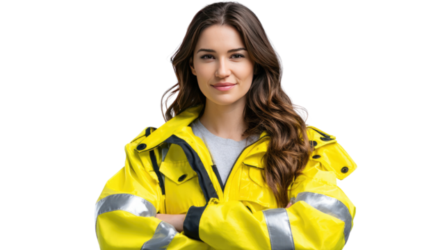 Confident Paramedic: A portrait of a confident female paramedic with arms crossed, wearing a bright yellow high visibility jacket.  Her expression is one of competence and assurance.