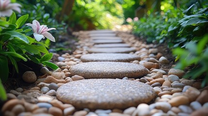 Pebble path through garden with stepping rhythm natural setting and relaxation tone perfect for landscape or wellness visuals